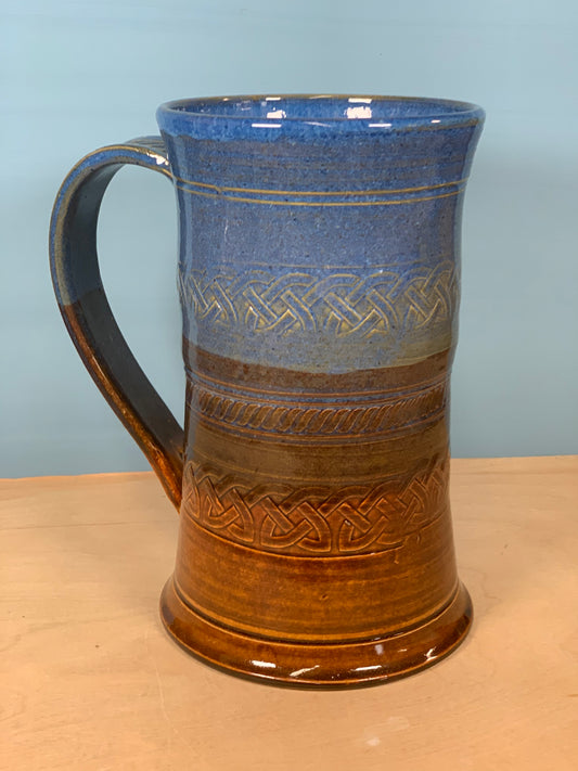 Blue and brown stamped beer mug